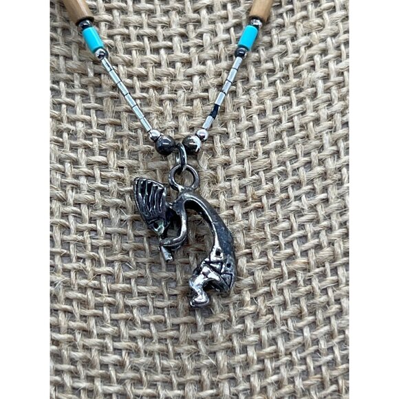 Vintage Liquid Sterling Silver Kokopelli Pendant Necklace Beads Barrel Clasp 16" - Picture 2 of 6